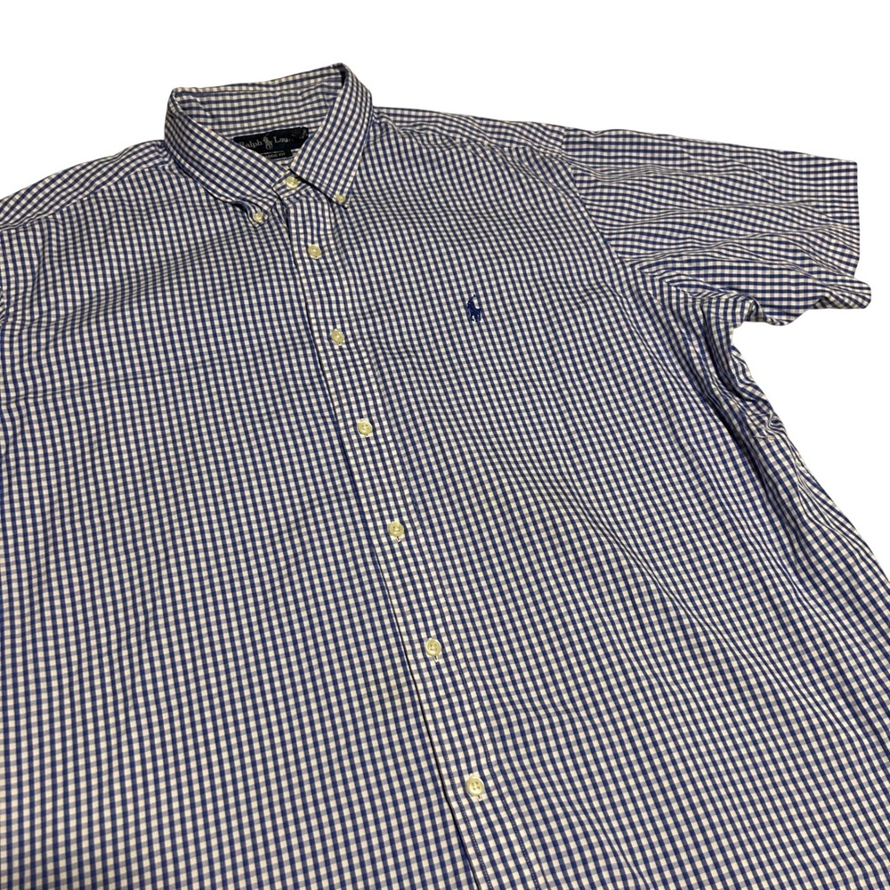 Ralph Lauren Button Down Shirt Mens XXL Blue Gingham Short Sleeve Classic Fit